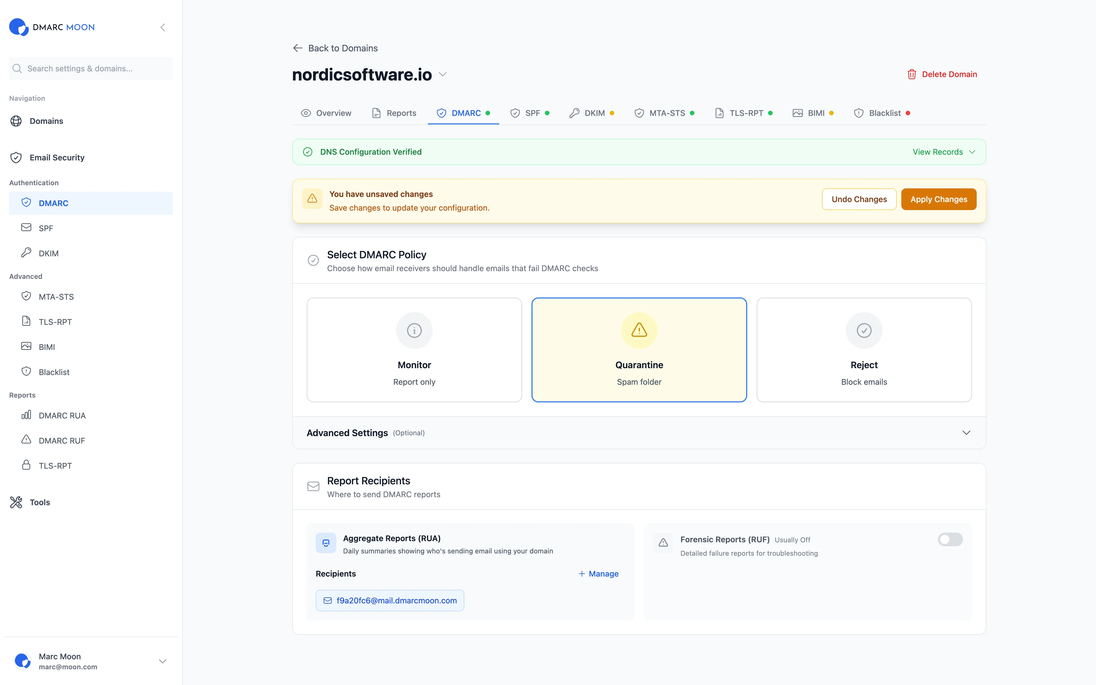 DMARC Policy Configuration Dashboard